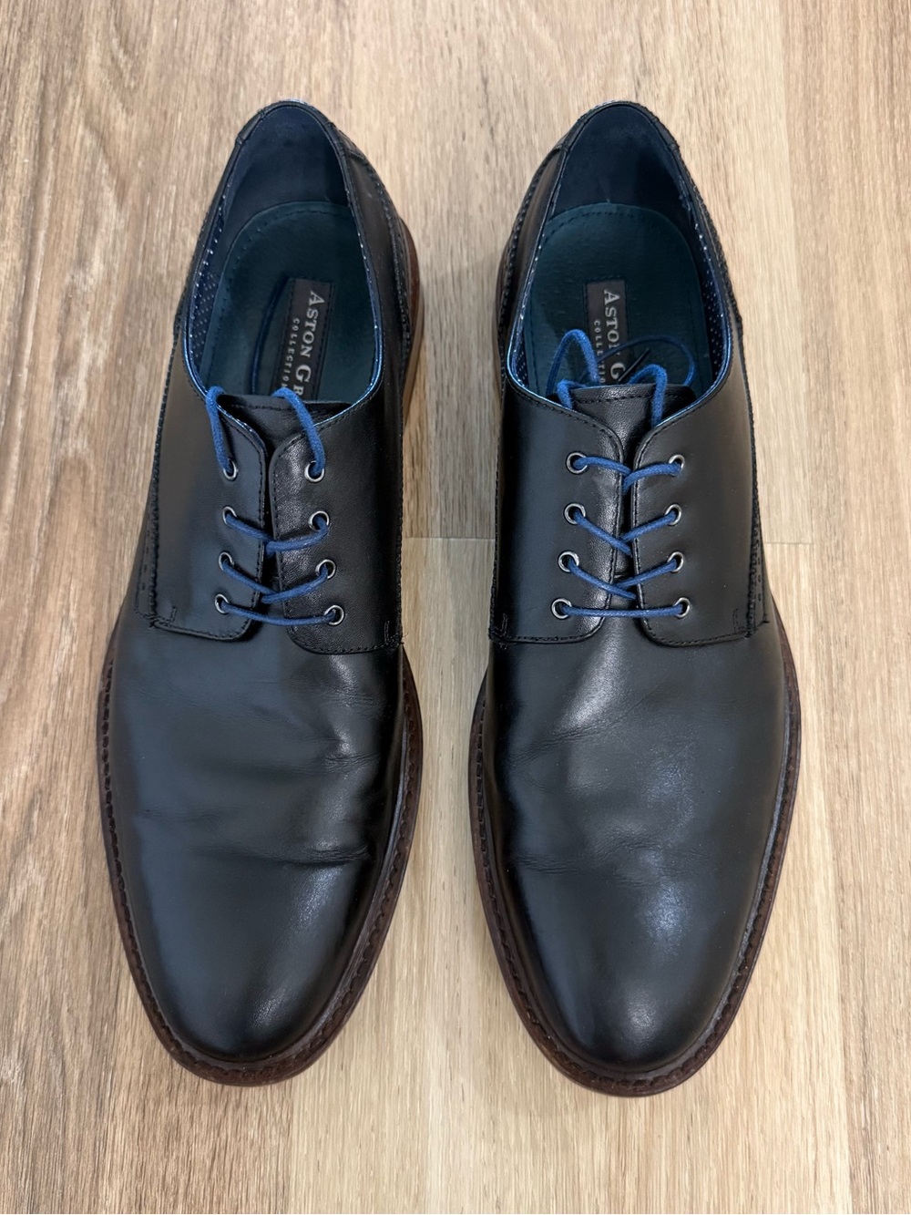 Aston Grey Black Leather Derby Shoes with Blue Accents